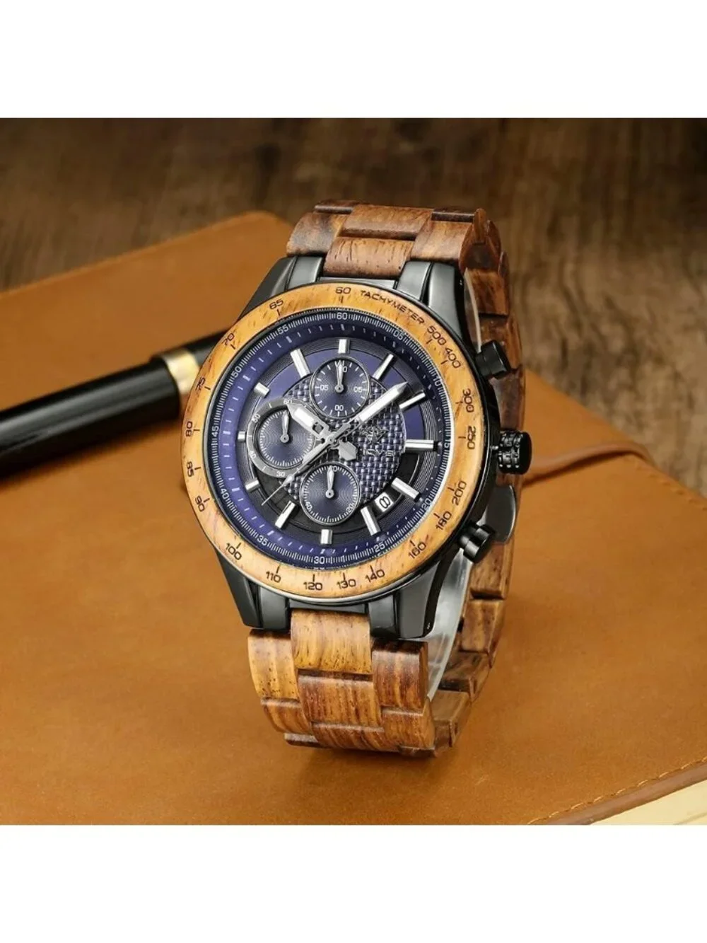 Men's Brown Black Stainless Steel Chronograph Solid Multifunctional Wooden Watch